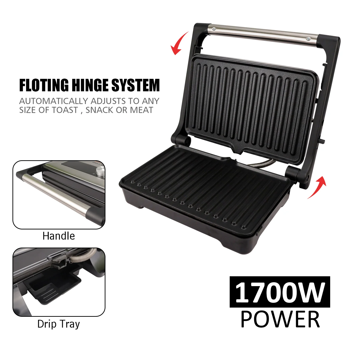 iBELL SM1700G Sandwich Maker with Floating Hinges, 1700Watt, 180 Degree Openable Plates for Grill/Toast, Temperature Control Knob (Black) - Image 5