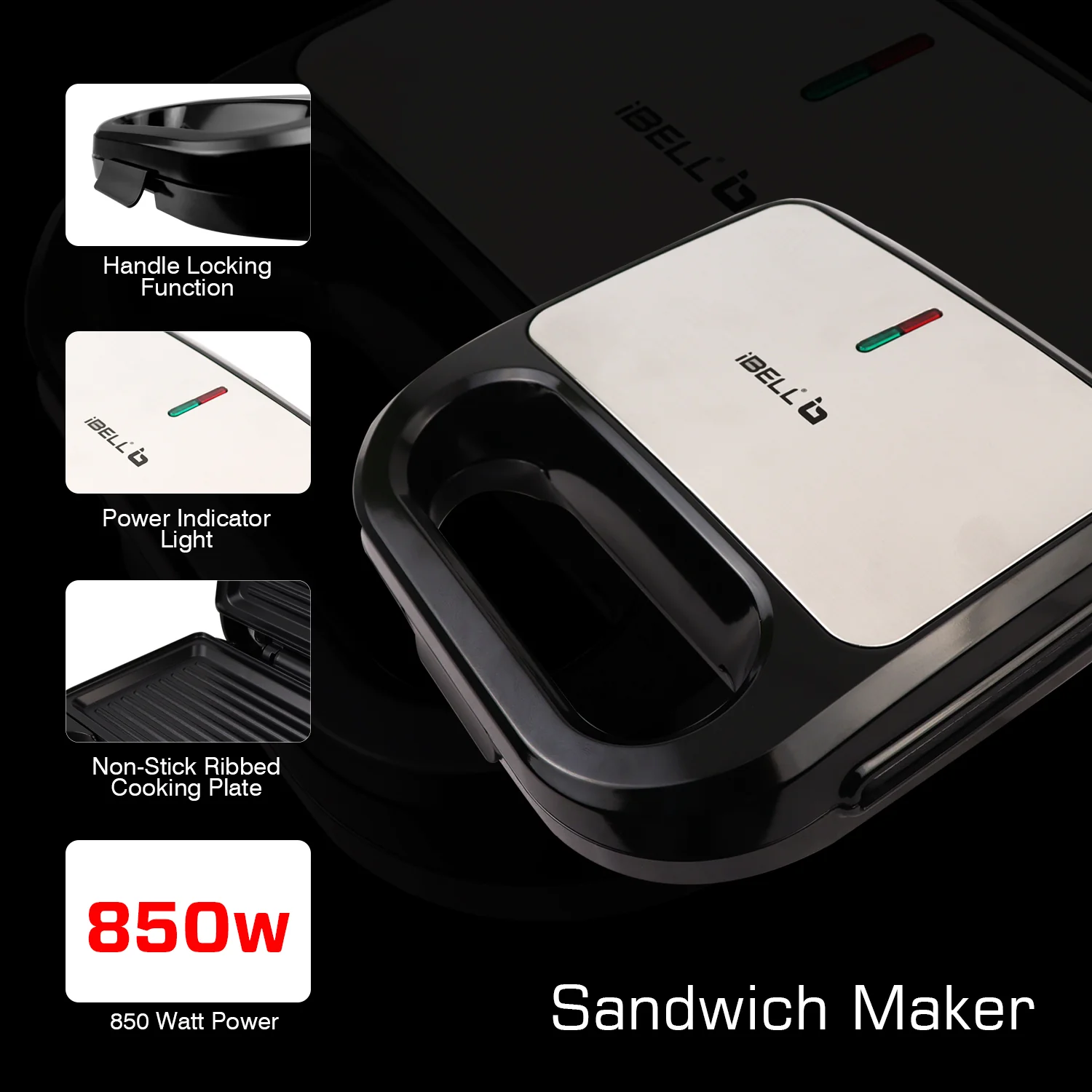iBELL SM440 Sandwich Maker, Grill & Toast, Electric, Nonstick, 850 Watt (Black) - Image 5