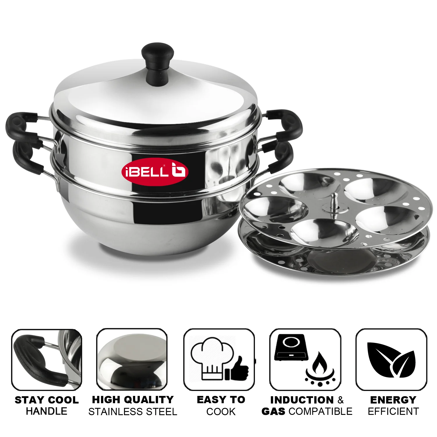 iBELL Stainless Steel 2 Plate Idli Pot with Kadai, (3L) Silver - Image 6
