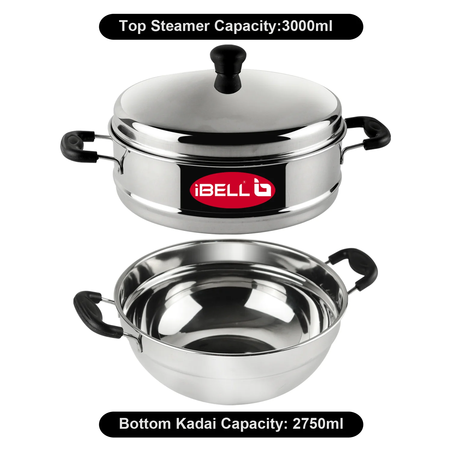 iBELL Stainless Steel 2 Plate Idli Pot with Kadai, (3L) Silver - Image 7