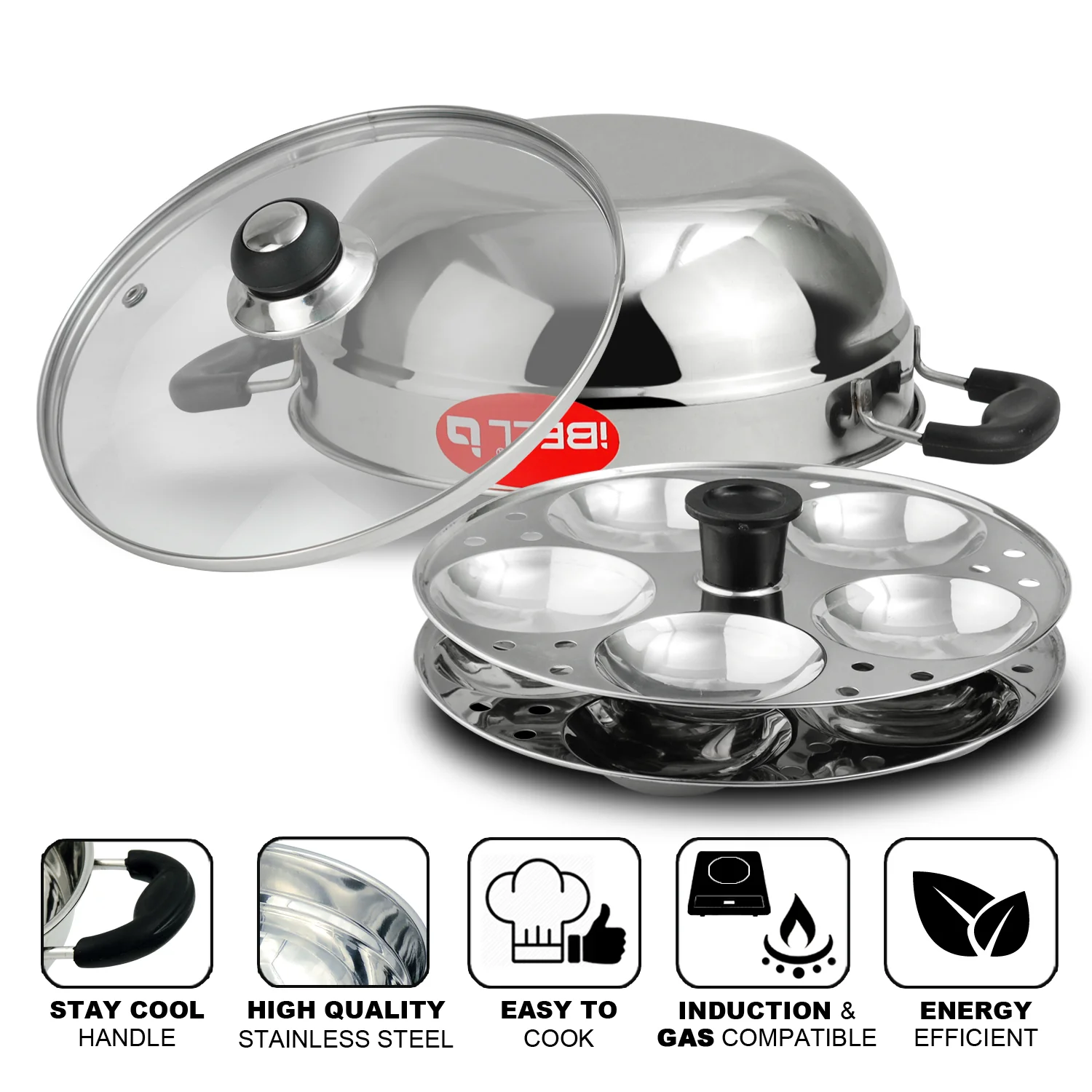 IBELL Stainless Steel Multi Purpose 3 liter Kadai with 2 idli Plate(10 Idli) and Glass Lid - Image 4