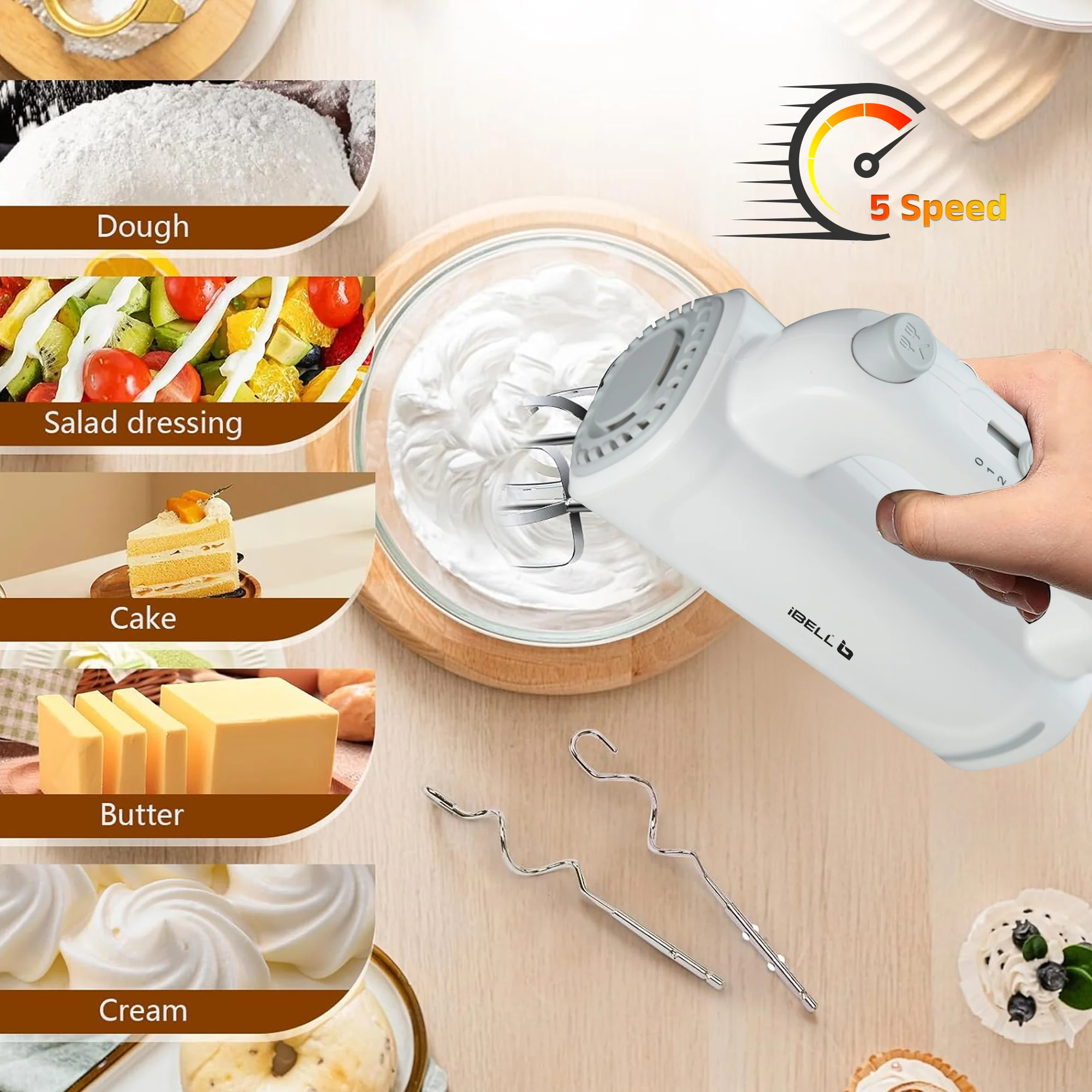 iBELL WHISK350 Electric Hand Mixer - 350W with 5 Speed Control, Stainless Steel Beaters & Dough Hooks for Baking, Whipping & Mixing (White) - Image 3
