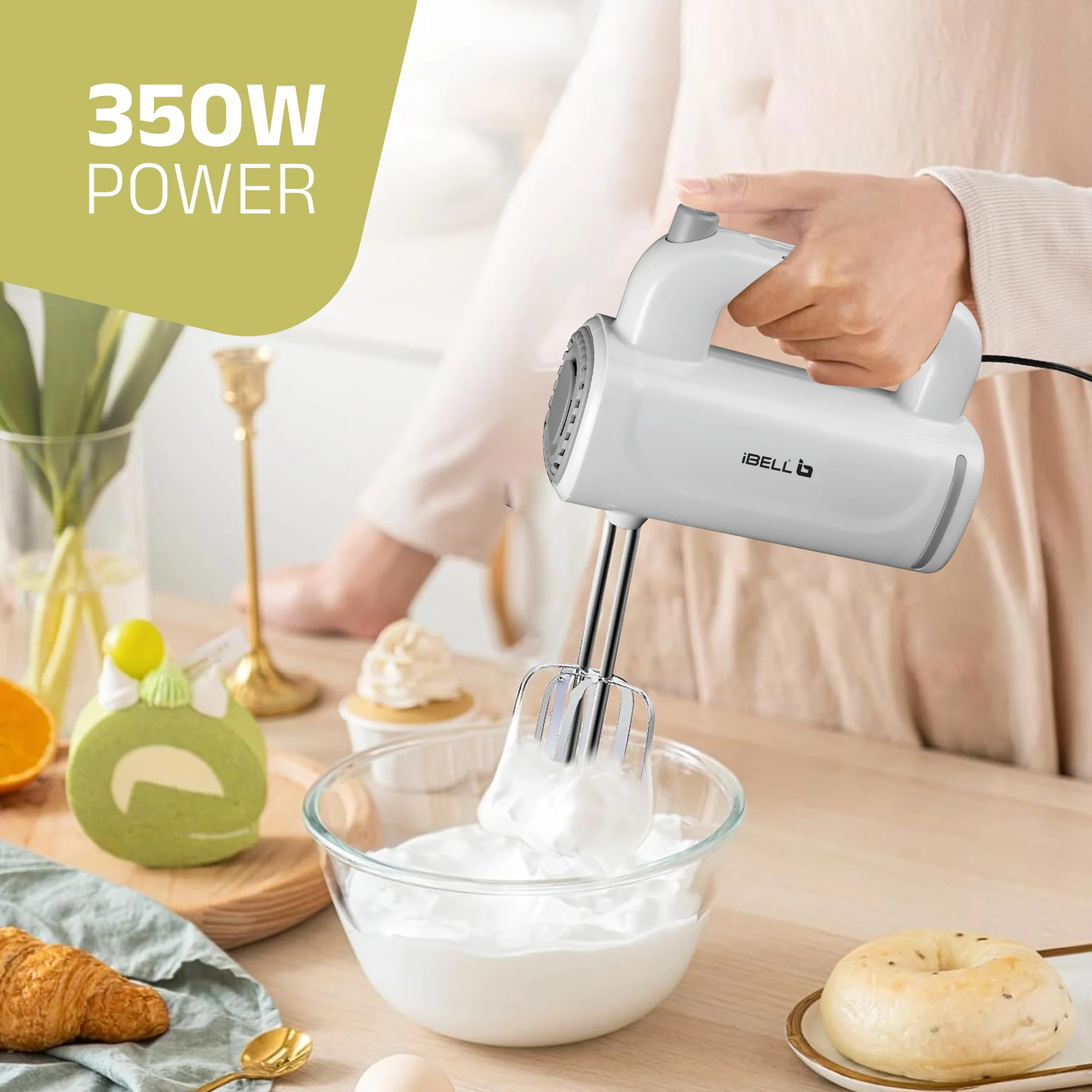 iBELL WHISK350 Electric Hand Mixer - 350W with 5 Speed Control, Stainless Steel Beaters & Dough Hooks for Baking, Whipping & Mixing (White) - Image 4