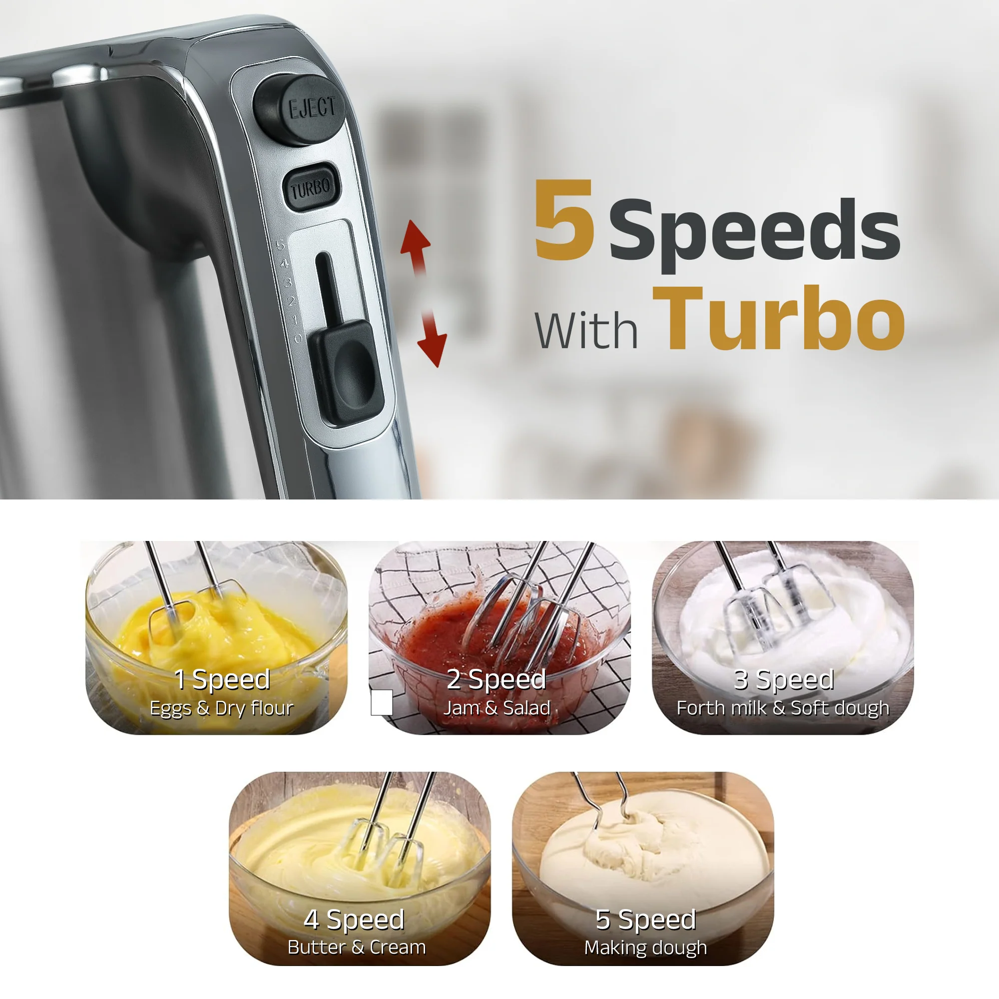 IBELL Plastic WHISK400 Electric Hand Mixer, 400W, Blender, Detachable Beaters & Dough Hooks, With Turbo Button 5 Speed Settings(Silver). - Image 5