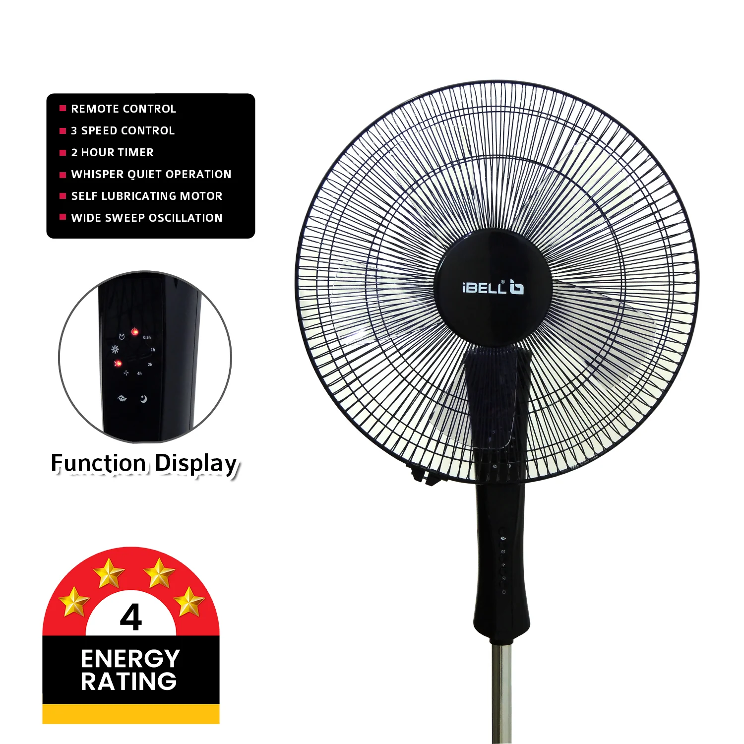 IBELL WINDP10 Pedestal Fan 5 Leaf with Remote and High Air Flow,406mm, 55W, High Speed, 100% Copper & Timer Function, Black - Image 9
