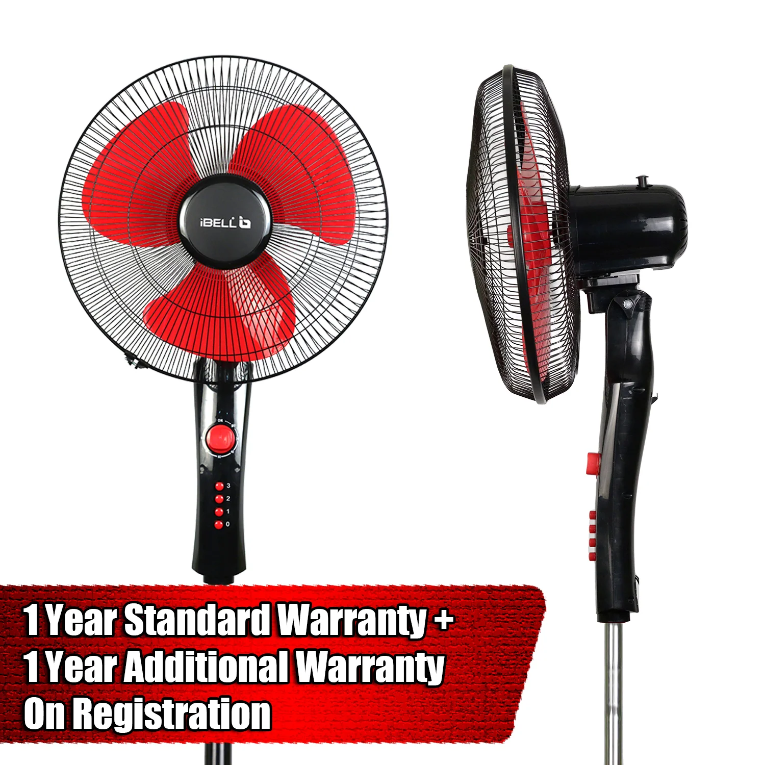 IBELL ZEPHYR03 400mm Pedestal Fan 55W High-Speed Copper Motor, 4 Star Energy Rated, 3 Speed Control, Adjustable Height, 2 Hour Timer, Durable Base (Red) - Image 4