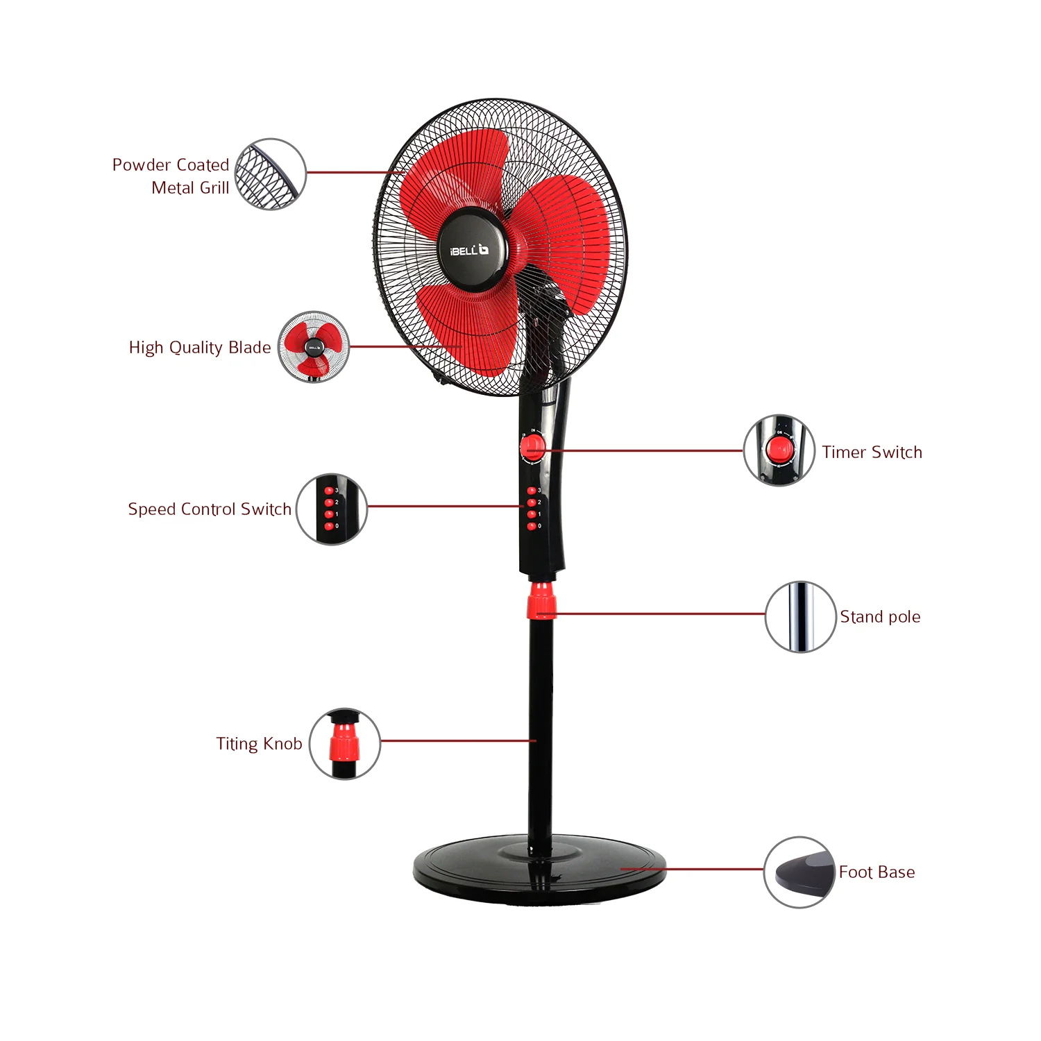 IBELL ZEPHYR03 400mm Pedestal Fan 55W High-Speed Copper Motor, 4 Star Energy Rated, 3 Speed Control, Adjustable Height, 2 Hour Timer, Durable Base (Red) - Image 6