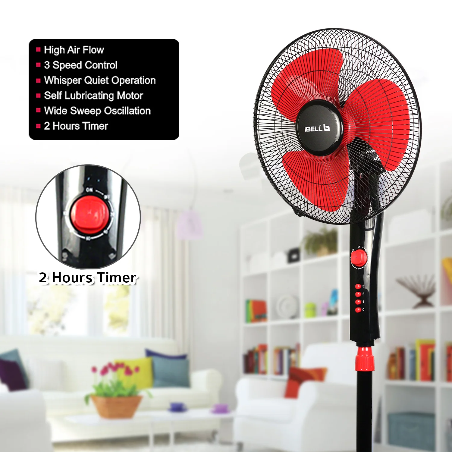 IBELL ZEPHYR03 400mm Pedestal Fan 55W High-Speed Copper Motor, 4 Star Energy Rated, 3 Speed Control, Adjustable Height, 2 Hour Timer, Durable Base (Red) - Image 7