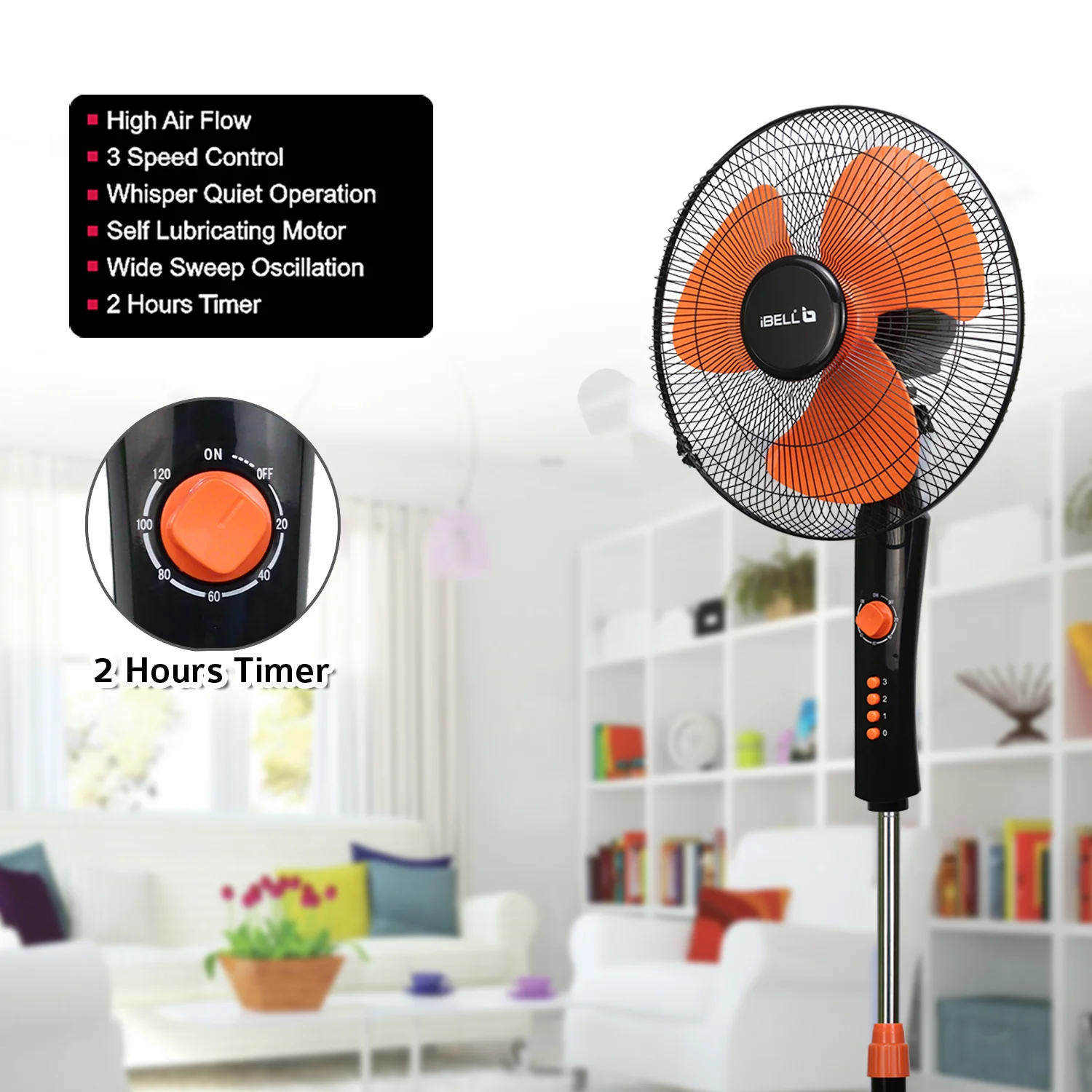 IBELL ZEPHYR03 Pedestal Fan 3 Leaf 400mm with Timer and High Speed motor (Orange) - Image 6