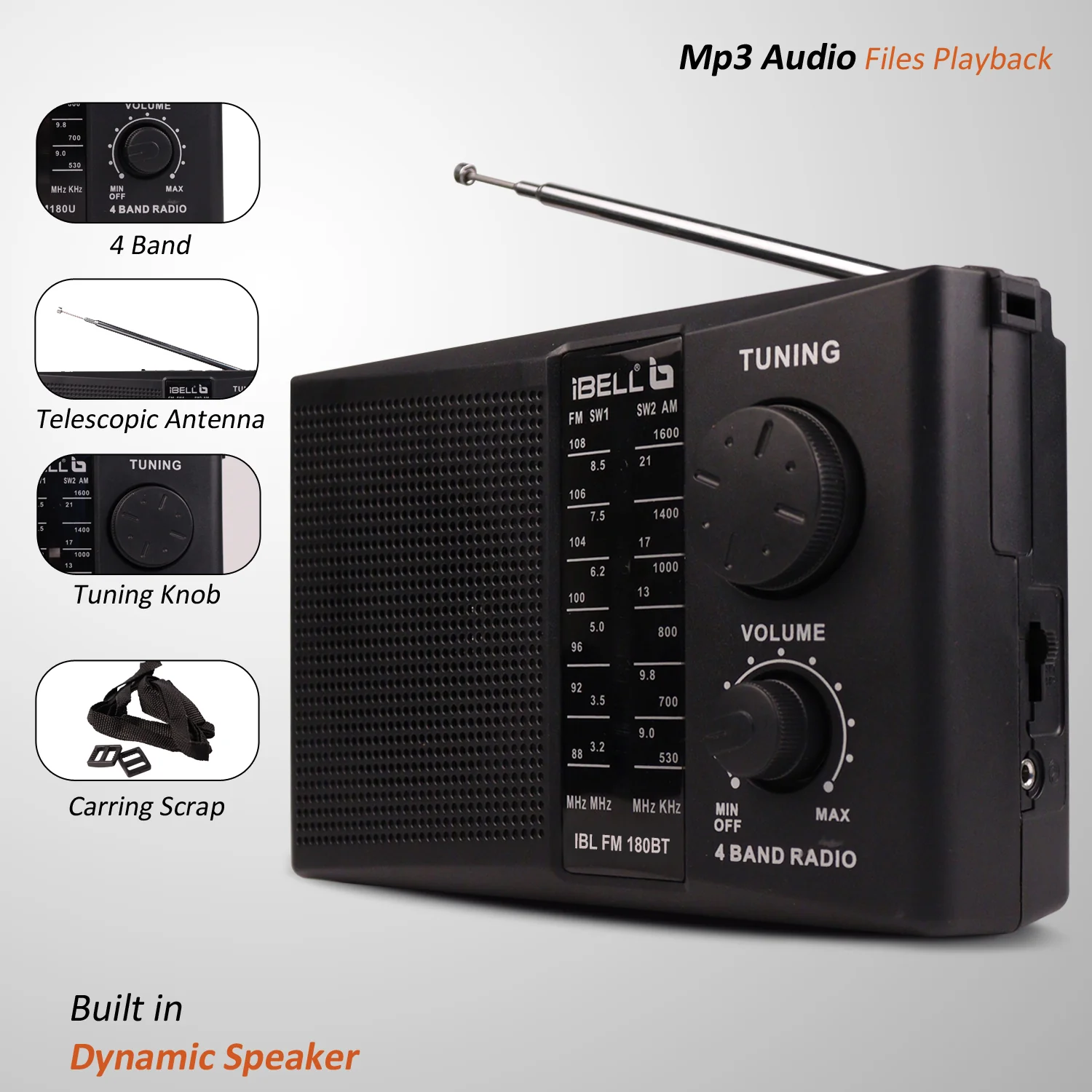 IBL FM180BT Portable 4 Band FM Radio with Bluetooth Speaker, USB/SD Slot, MP3 Player & Dynamic Speaker (Black) - Image 6